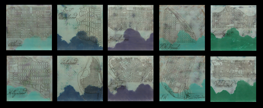 My 10 encaustic pieces for the show.  Hand drawn maps of Portland neighborhoods.  Come find yours!